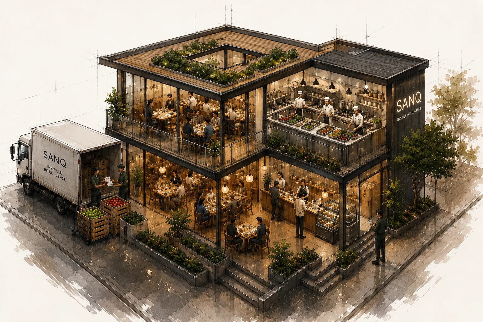 A cutaway drawing of SANQ Café during one day: a SANQ van unloading crates at the kerb, an invoice being handed over, chefs working the kitchen line, two floors of diners, and a manager on the steps.